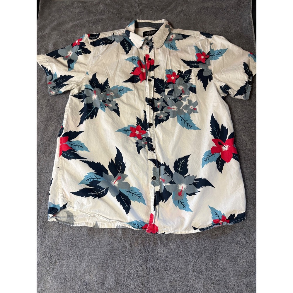 Eight X Mens Tropical Hibiscus Floral Button Down‎ Shirt White Red Blue Large